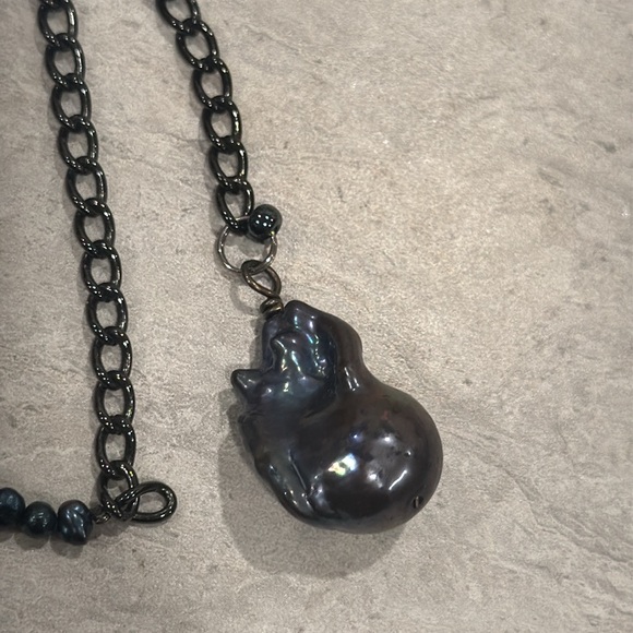 🧋Verameat black pearl and chain necklace adjustable with black baroque pearl - Picture 4 of 11